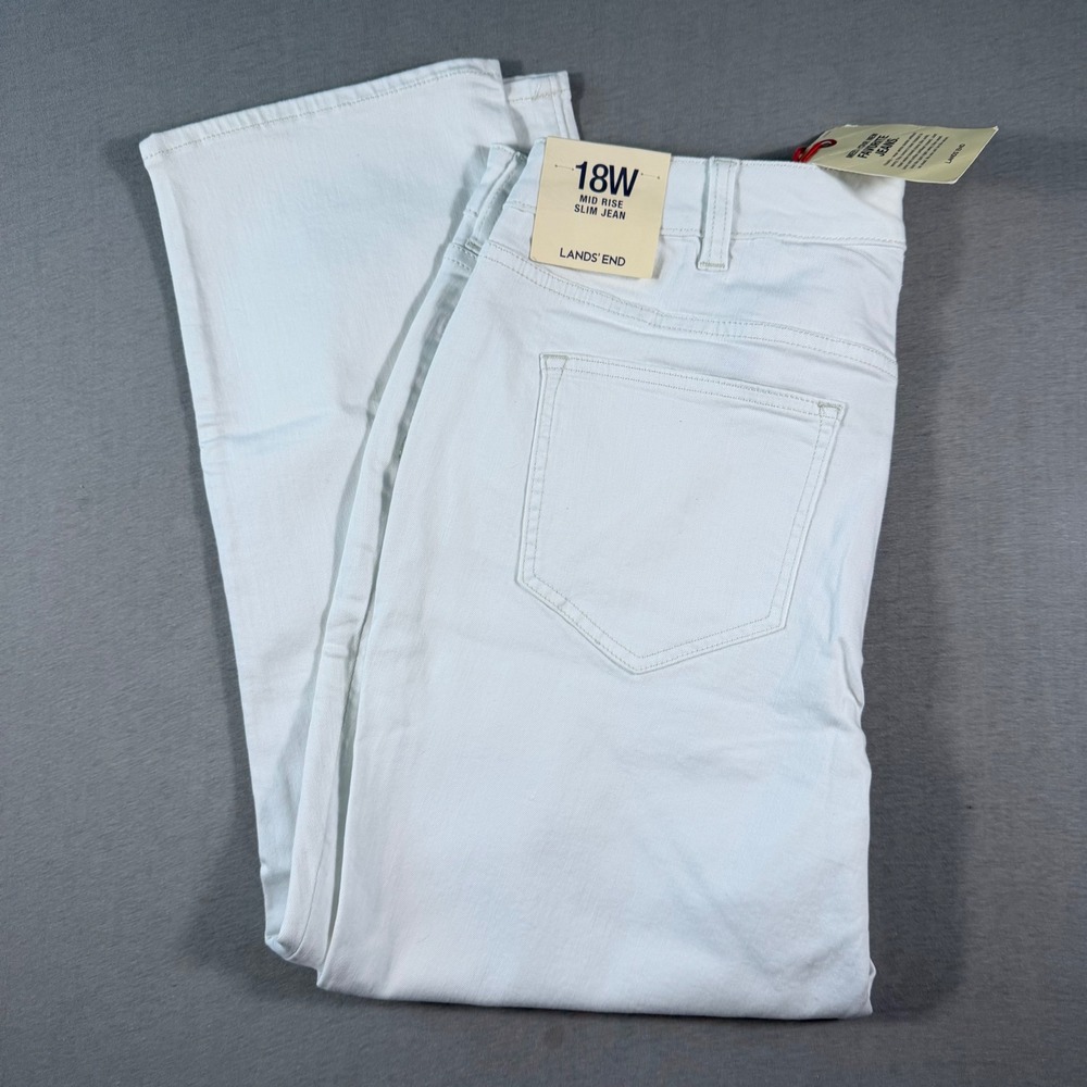 Lands End Womens 18W White Mid Rise Slim Leg Jeans Stain Resistant NWT